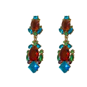 Vintage palace style drop earrings with colorful waterdrop crystals in gold finish