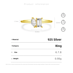 Detailed size specifications for S925 sterling silver ring with marquise and emerald stones