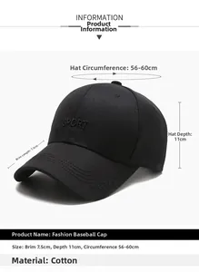 Dimensioni dettagliate del cappello da baseball nero in cotone con ricamo e cinturino