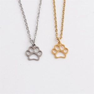 Polished stainless steel dog paw hollow pendant necklaces in silver and gold finishes