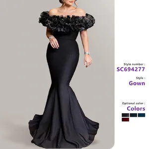 Women Off Shoulder Mermaid Evening Dress Polyester Ruffle Trim Stretch Knit Slim Fit Formal Party Gown With Small Train
