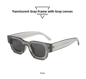 Seitenansicht der quadratischen Cat-Eye-Sonnenbrille mit grauem Rahmen und Gläsern