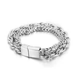 Bracciale da uomo in acciaio al titanio argento lucido con tripla catena intrecciata