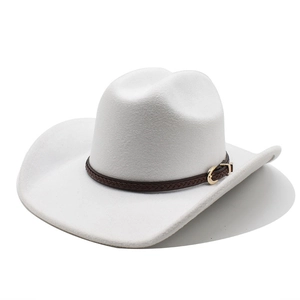 Close-up of white felt cowboy hat featuring a brown braided leather band and gold buckle