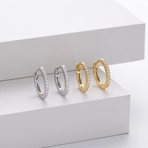 Classic S925 sterling silver huggie earrings with cubic zirconia in gold and silver set