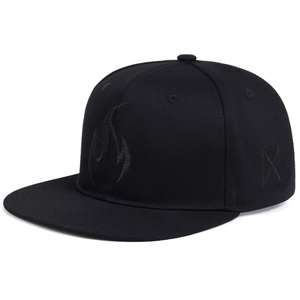 Close-up of flame embroidery on black snapback hat with twill cotton fabric detail