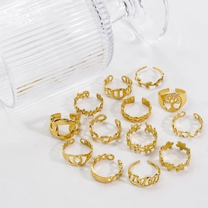 Set of minimalist 14K gold-plated adjustable stainless steel open rings for women