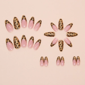 24pcs long almond leopard print press-on nails with gold glitter and nude base