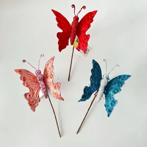 Three-color glitter butterfly picks in red pink and blue for Christmas decor