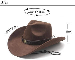 Detail of bull head metal ornament and faux leather band on dark brown western cowboy hat