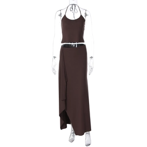 Detail view of a two-piece brown set with a halter top and irregular maxi skirt