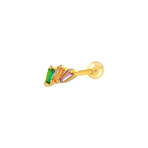 Macro detail of a gold cartilage stud earring with three multicolored square gemstones