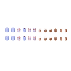 Short press-on nails set with red blue plaid and purple dot patterns in 24 pieces