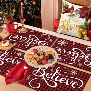 Christmas table runner and pillow covers set with Believe lettering and red plaid pattern