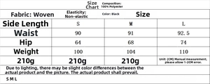 Tableau des tailles avec dimensions S, M, L pour ensemble de pantalon noir élégant