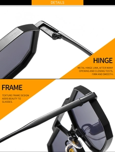 Detail of durable metal hinges and textured geometric frames of black sunglasses