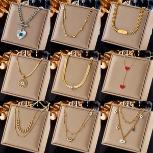 Vintage Stainless Steel Pendant Necklaces Evil Eye Heart Star Metallic Double Layer Snake Chain Fashion Jewelry For Women