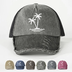 Washed Distressed Trucker Hat With Coconut Tree Embroidery Breathable Mesh Back Adjustable Vintage Beach Baseball Cap