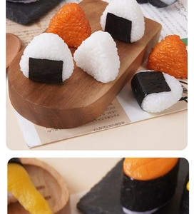Macro detail of realistic onigiri and sushi keychains with seaweed texture on wood