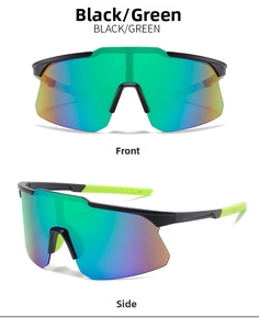 Detail view of black cycling glasses with green mercury lens and non-slip rubber tips