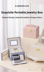 Three-layer leather jewelry box with mirrors and drawers for necklaces and rings
