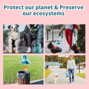 Eco-friendly blue dog waste bags shown in four usage scenarios for walking and disposal