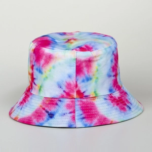 Colorful tie-dye canvas bucket hat with artistic graffiti pattern for sun protection