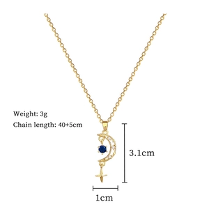 Detailed size specifications for gold crescent moon and star necklace with blue crystal