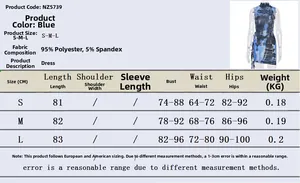 Detailed size chart for the blue sleeveless bodycon dress with fabric specifications