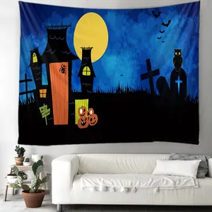 Halloween wall tapestry featuring a haunted castle and pumpkins in a living room setup