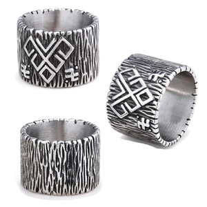Viking Punk Wide Band Ring 316L Stainless Steel Bark Texture Tribal Rune Symbol Nordic Vintage Silver Jewelry