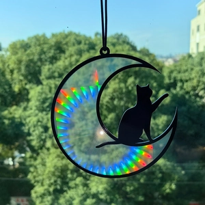Detailed view of cat on moon suncatcher with prism rainbow light effect on window