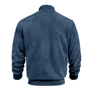 Detailed back view of men's navy blue suede bomber jacket with ribbed cuffs and hem