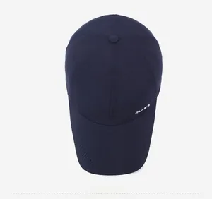 Top view of navy blue baseball cap showing laser-cut breathability holes and RUIES logo