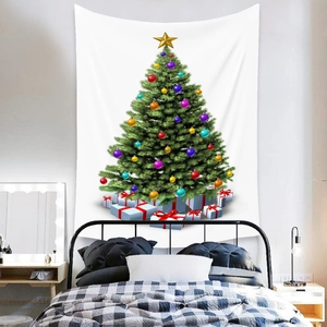 Detail view of a Christmas tree tapestry hung as a headboard in a modern bedroom