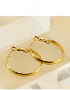 Detail of gold titanium steel hoop earrings featuring a secure hinged closure design