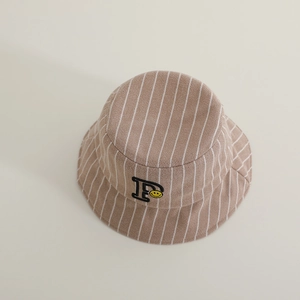 Detailed close-up of brown wool bucket hat with white stripes and smile embroidery