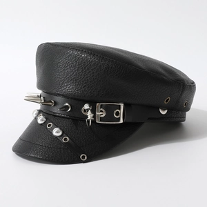 Punk style black leather navy cap with silver studs and metal spikes for fashion styling