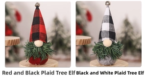 Close-up of Christmas gnomes with buffalo plaid hats and pine needle beard decorations