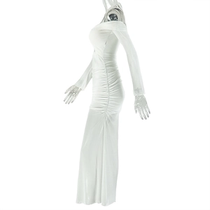Detail of white off-shoulder long sleeve dress with ruched design on a mannequin