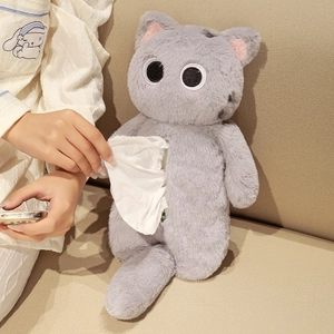 Creative gray plush cat tissue box cover with cute stripes for home decoration