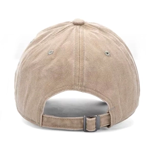 Macro view of washed cotton fabric and metal adjustable strap on khaki baseball cap