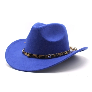 Detail of bright blue wool fedora with leopard print band and gold star metal buckles