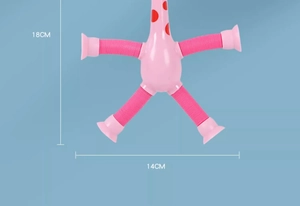 Pink suction cup giraffe pop tube toy with 18cm height and 14cm width dimensions