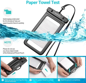 Detail of waterproof phone pouch with dual swivel locks and transparent screen for diving