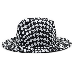 Classic black and white houndstooth fedora hat with flat brim and structured wool felt design