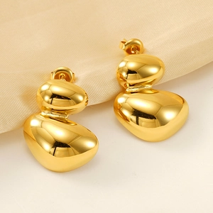 Minimalist irregular oval geometric gold earrings with organic pebble design and high polish