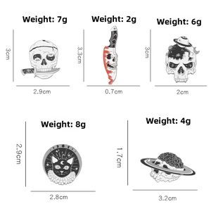 Detailed size and weight chart for gothic skull and moon cat enamel pin set