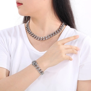 Silver Cuban link chain necklace and bracelet set displayed on a model on white background