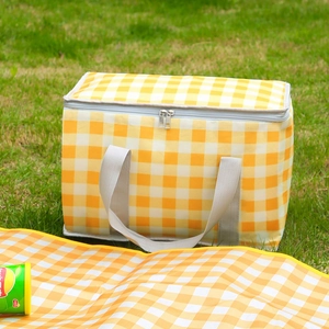 Große gelb-weiß karierte Picknick-Kühltasche mit passender Matte auf Rasen